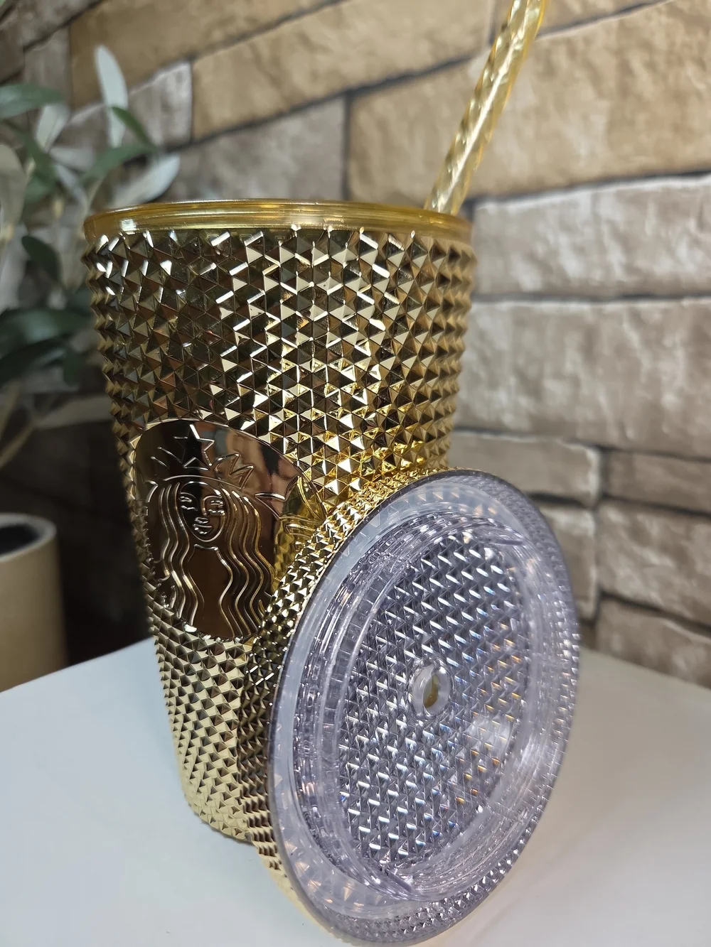 New Starbucks Metallic Gold Studded Tumbler with Straw